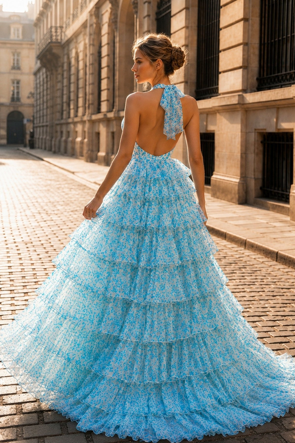 Pink Halter Tulle Printed Ruffle Tiered A Line Prom Dresses - Curvevia