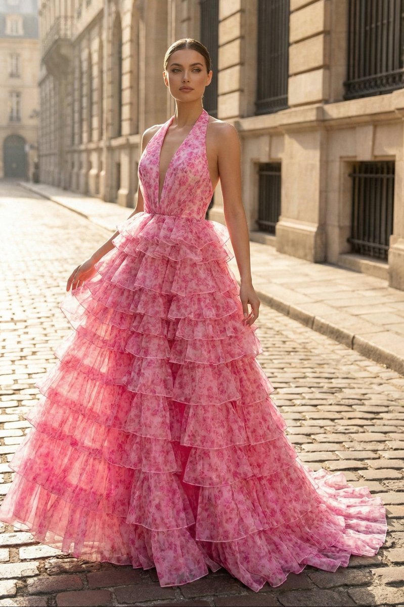 Pink Halter Tulle Printed Ruffle Tiered A Line Prom Dresses - Curvevia