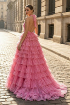 Pink Halter Tulle Printed Ruffle Tiered A Line Prom Dresses - Curvevia