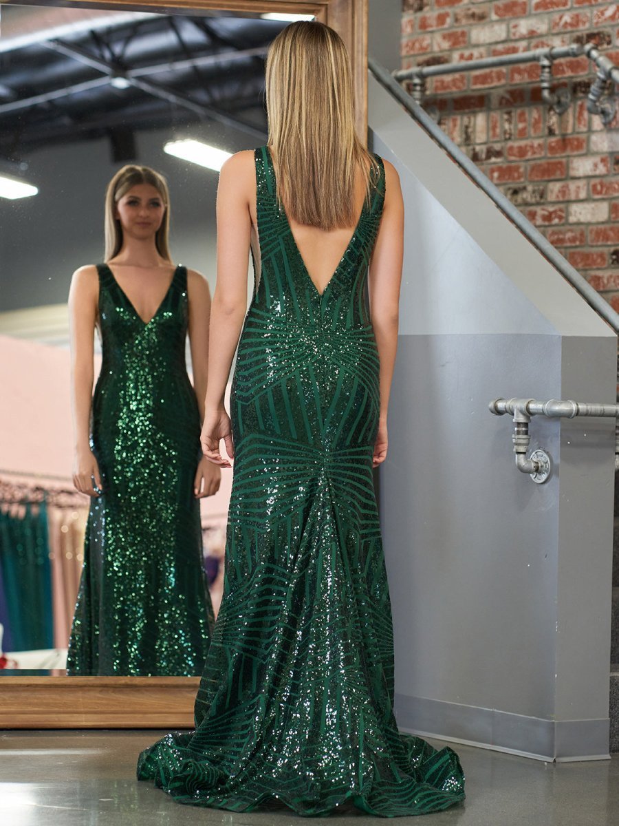 Red Mermaid Deep V Neck Sequins Evening Dress - Curvevia