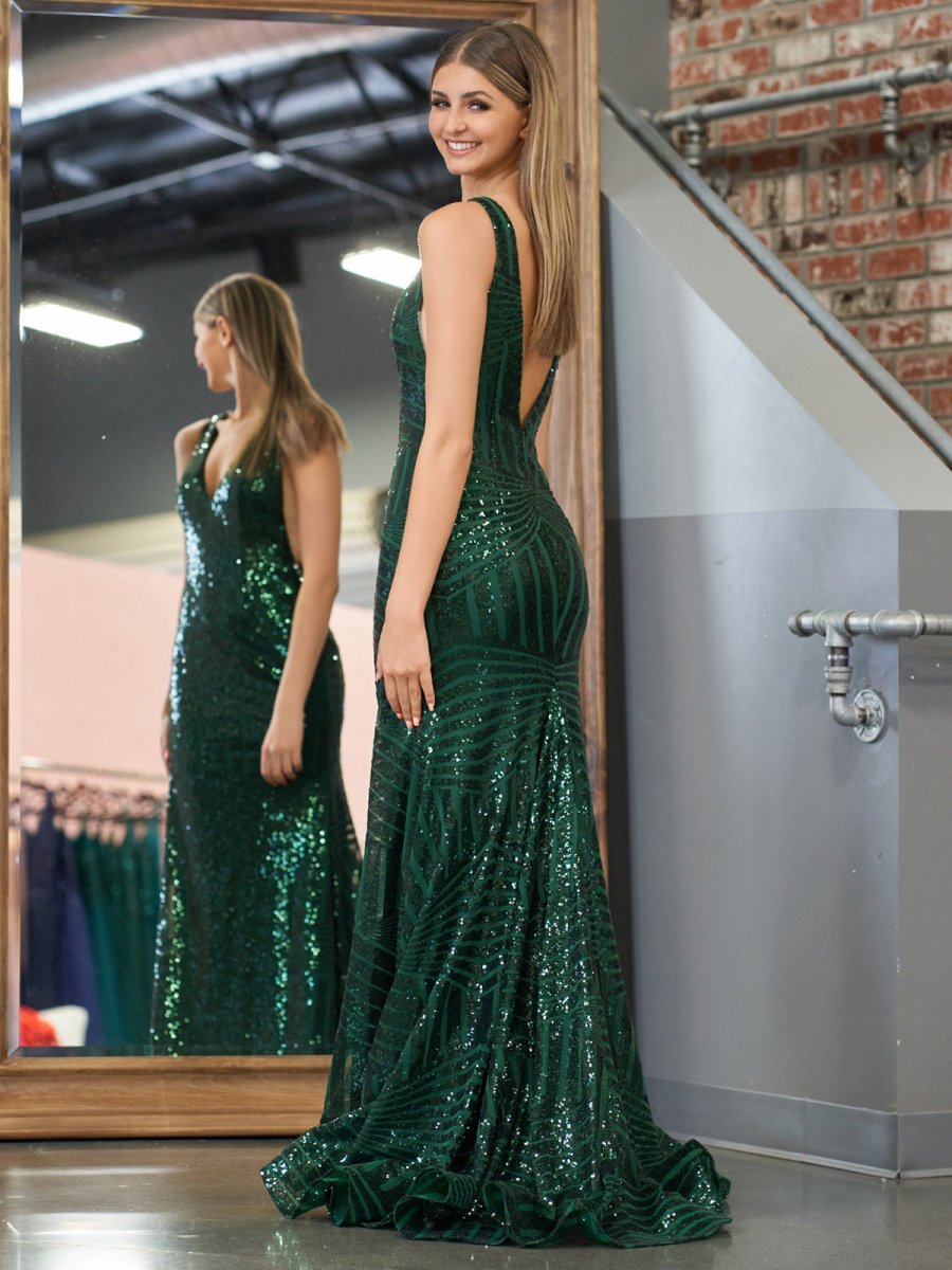 Red Mermaid Deep V Neck Sequins Evening Dress - Curvevia