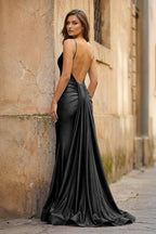 Blue Spaghetti Straps Mermaid Satin Backless Long Evening Dress - Curvevia