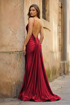 Blue Spaghetti Straps Mermaid Satin Backless Long Evening Dress - Curvevia