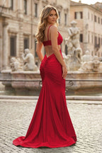 Coral Pink Spaghetti Straps Satin Mermaid Long Prom Dresses With Cutout - Curvevia