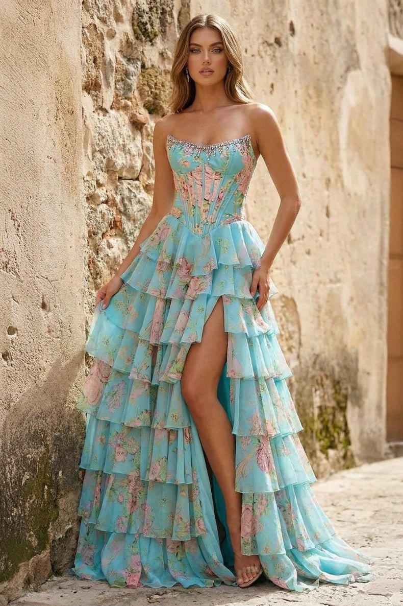 Aqua - Strapless Neck A Line Floral Chiffon Ruffled Wedding Guest Dress With Beading - Curvevia