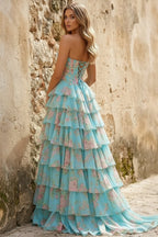 Yellow Strapless A Line Floral Chiffon Ruffled Wedding Guest Dress With Beading - Curvevia