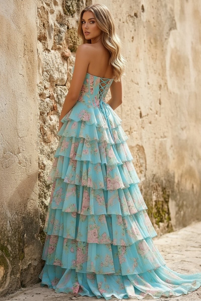 Yellow Strapless A Line Floral Chiffon Ruffled Wedding Guest Dress With Beading - Curvevia