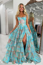 Yellow Strapless A Line Floral Chiffon Ruffled Wedding Guest Dress With Beading - Curvevia