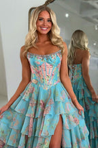 Aqua - Strapless Neck A Line Floral Chiffon Ruffled Wedding Guest Dress With Beading - Curvevia