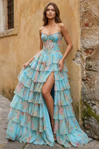 Yellow Strapless A Line Floral Chiffon Ruffled Wedding Guest Dress With Beading - Curvevia