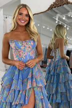 Periwinkle - Strapless A Line Floral Chiffon Ruffled Wedding Guest Dress With Beading - Curvevia