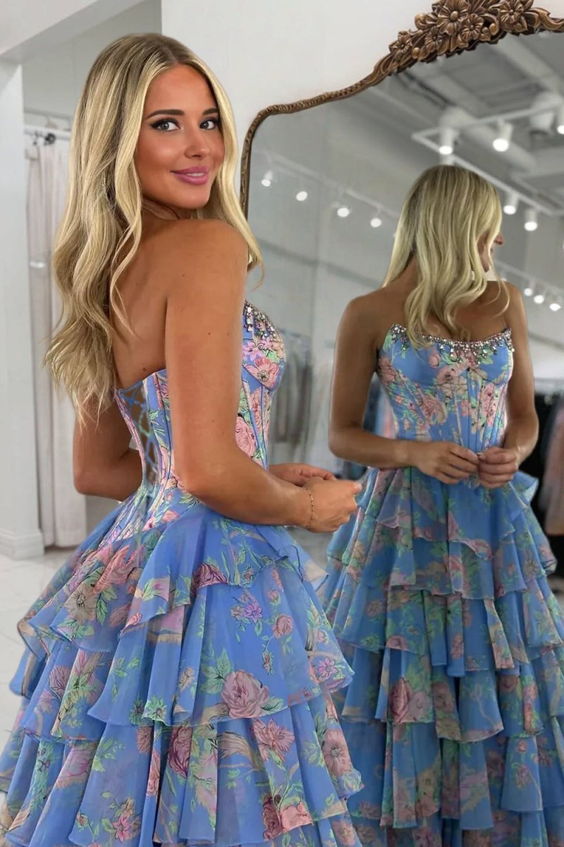 Periwinkle - Strapless A Line Floral Chiffon Ruffled Wedding Guest Dress With Beading - Curvevia