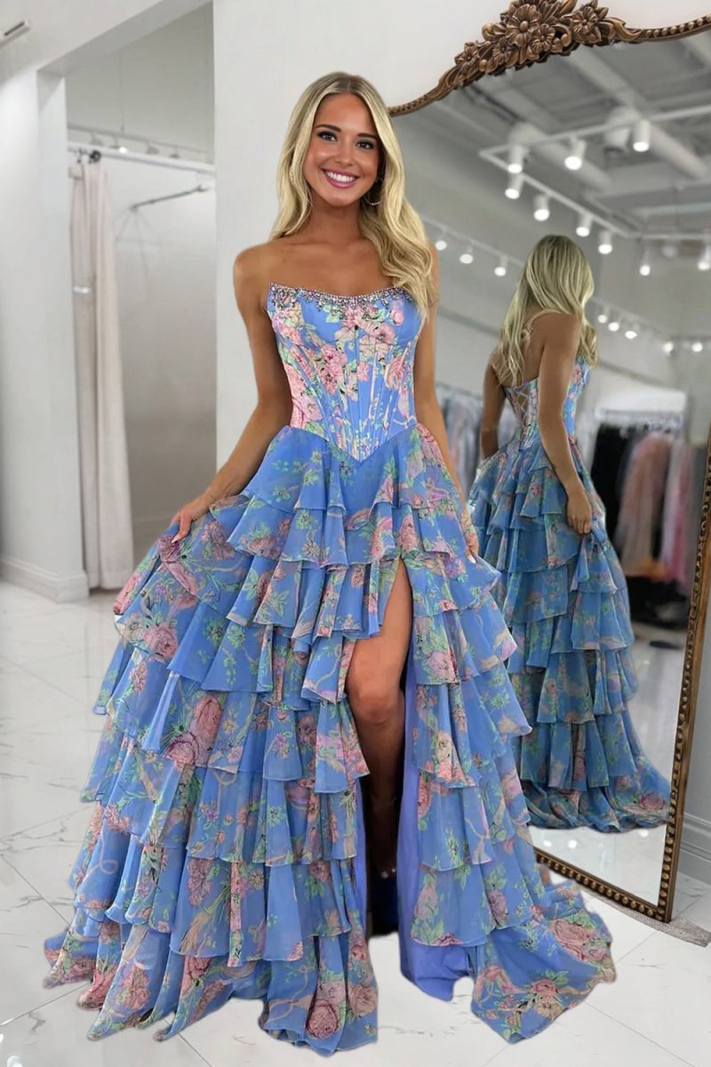 Periwinkle - Strapless A Line Floral Chiffon Ruffled Wedding Guest Dress With Beading - Curvevia
