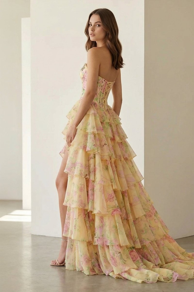 Yellow Strapless A Line Floral Chiffon Ruffled Wedding Guest Dress With Beading - Curvevia