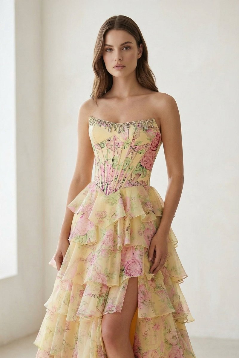 Yellow Strapless A Line Floral Chiffon Ruffled Wedding Guest Dress With Beading - Curvevia