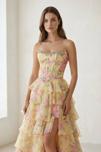 Yellow Strapless A Line Floral Chiffon Ruffled Wedding Guest Dress With Beading - Curvevia