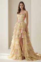 Yellow Strapless A Line Floral Chiffon Ruffled Wedding Guest Dress With Beading - Curvevia
