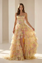 Yellow Strapless A Line Floral Chiffon Ruffled Wedding Guest Dress With Beading - Curvevia