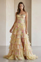Yellow Strapless A Line Floral Chiffon Ruffled Wedding Guest Dress With Beading - Curvevia