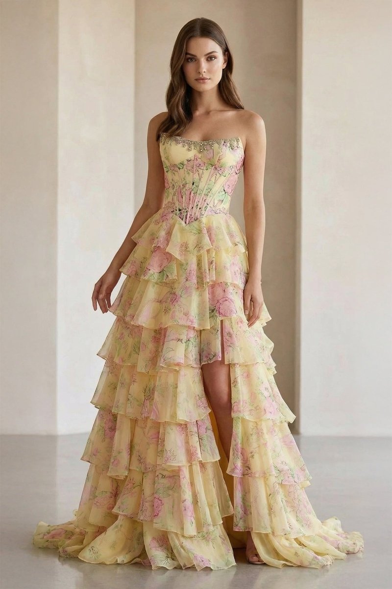Yellow Strapless A Line Floral Chiffon Ruffled Wedding Guest Dress With Beading - Curvevia