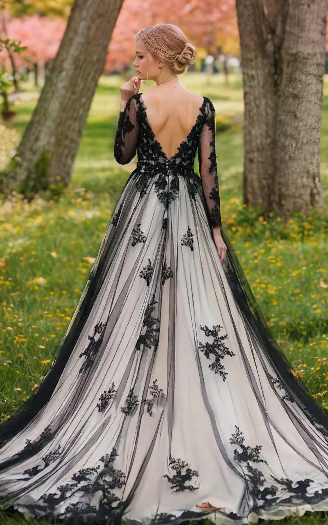 Non-Traditional Gothic Black and White Boho Lace Wedding Dress Flowy Forest Sleeved Backless Bridal Gown with Court Train - Curvevia