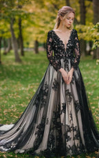 Non-Traditional Gothic Black and White Boho Lace Wedding Dress Flowy Forest Sleeved Backless Bridal Gown with Court Train - Curvevia