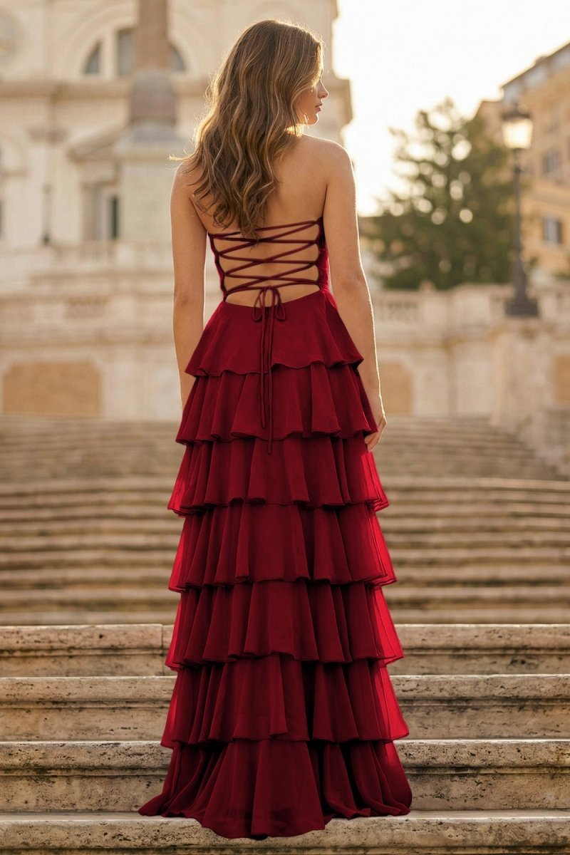 Purple Strapless A Line Chiffon Long Evening Dress With Ruffles - Curvevia