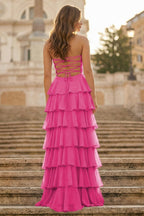 Purple Strapless A Line Chiffon Long Evening Dress With Ruffles - Curvevia