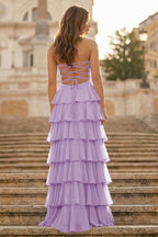 Purple Strapless A Line Chiffon Long Evening Dress With Ruffles - Curvevia