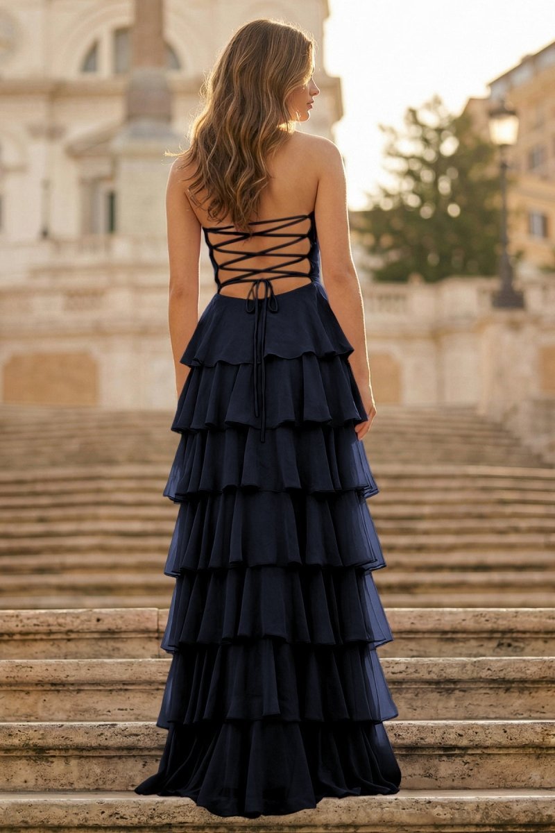 Purple Strapless A Line Chiffon Long Evening Dress With Ruffles - Curvevia