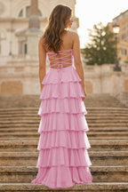 Purple Strapless A Line Chiffon Long Evening Dress With Ruffles - Curvevia