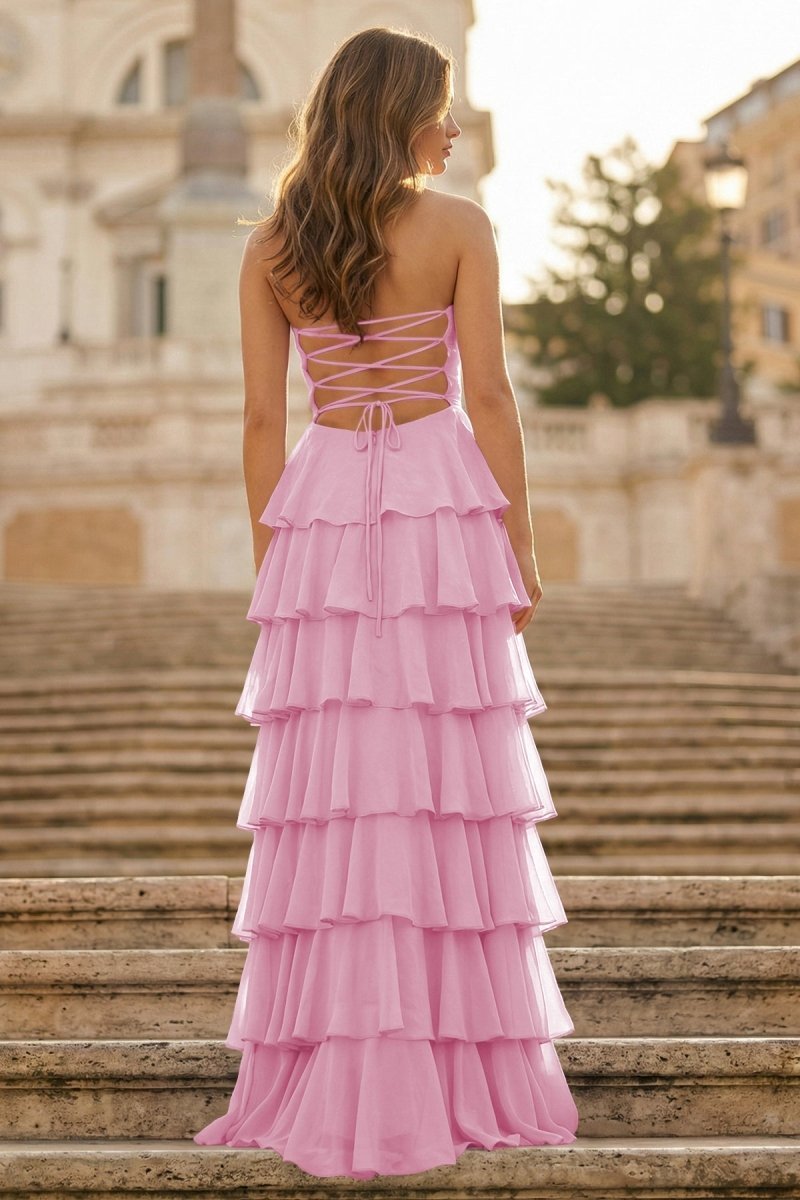 Purple Strapless A Line Chiffon Long Evening Dress With Ruffles - Curvevia