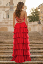 Purple Strapless A Line Chiffon Long Evening Dress With Ruffles - Curvevia