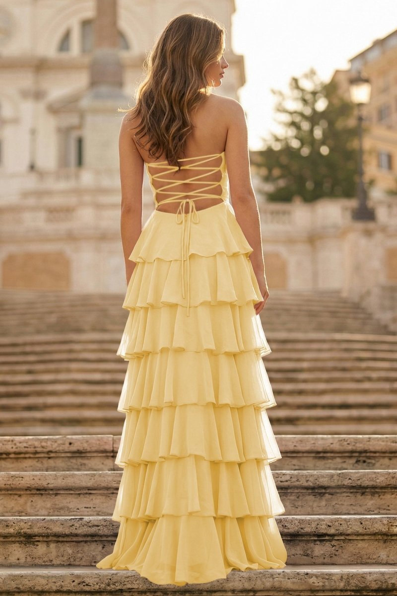 Purple Strapless A Line Chiffon Long Evening Dress With Ruffles - Curvevia