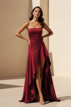 Magenta Strapless A Line High Low Wedding Guest Dress With Ruffles - Curvevia
