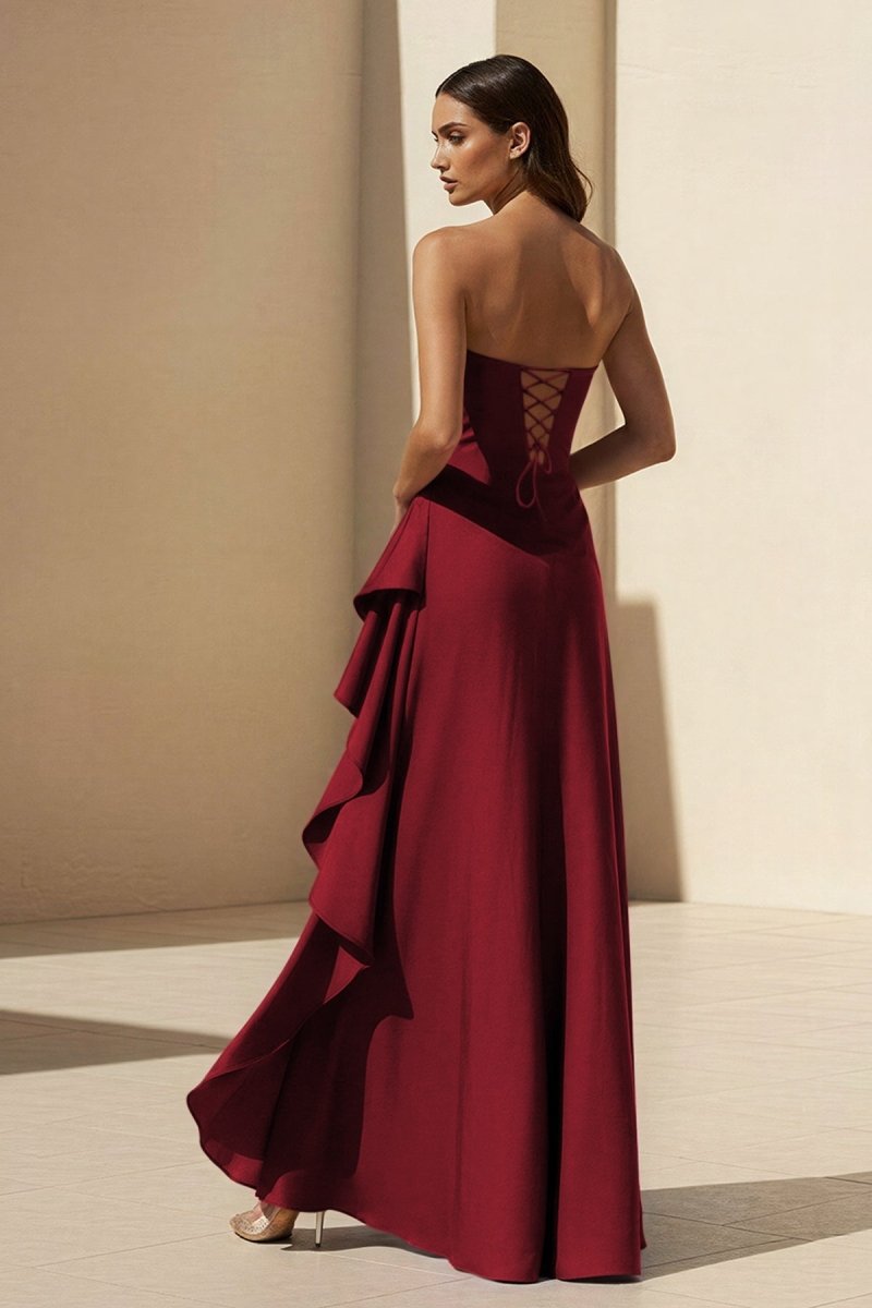 Magenta Strapless A Line High Low Wedding Guest Dress With Ruffles - Curvevia
