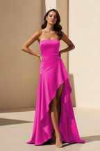 Magenta Strapless A Line High Low Wedding Guest Dress With Ruffles - Curvevia