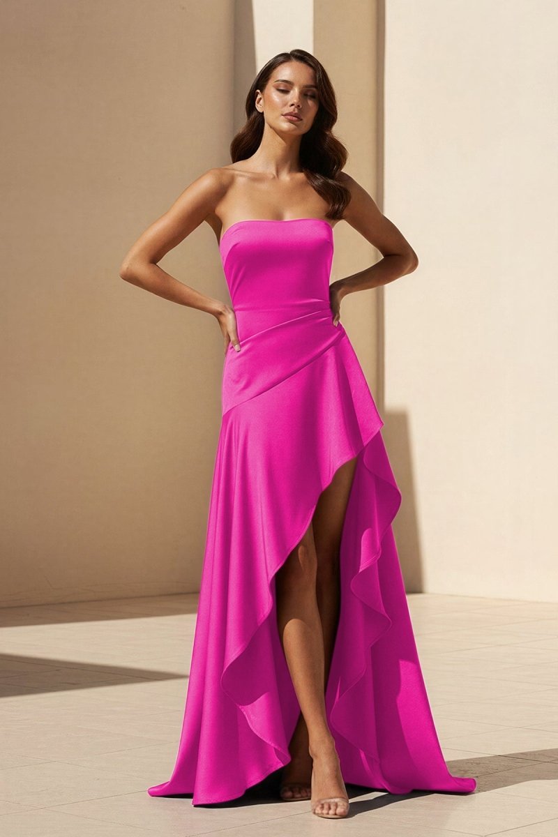 Magenta Strapless A Line High Low Wedding Guest Dress With Ruffles - Curvevia