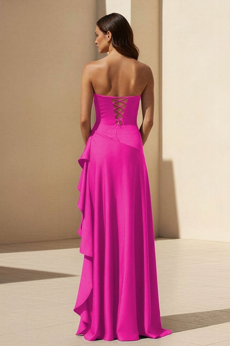 Magenta Strapless A Line High Low Wedding Guest Dress With Ruffles - Curvevia