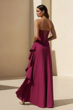 Magenta Strapless A Line High Low Wedding Guest Dress With Ruffles - Curvevia