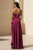 Magenta Strapless A Line High Low Wedding Guest Dress With Ruffles - Curvevia