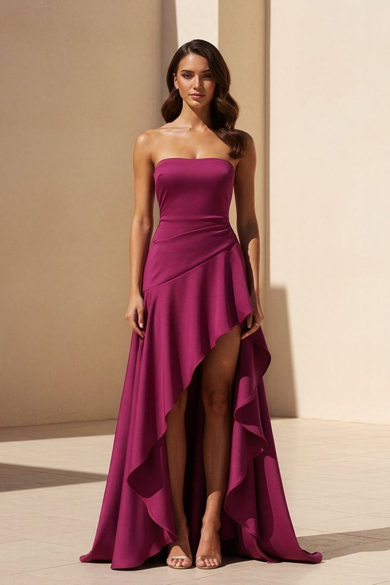 Magenta Strapless A Line High Low Wedding Guest Dress With Ruffles - Curvevia