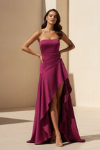 Magenta Strapless A Line High Low Wedding Guest Dress With Ruffles - Curvevia