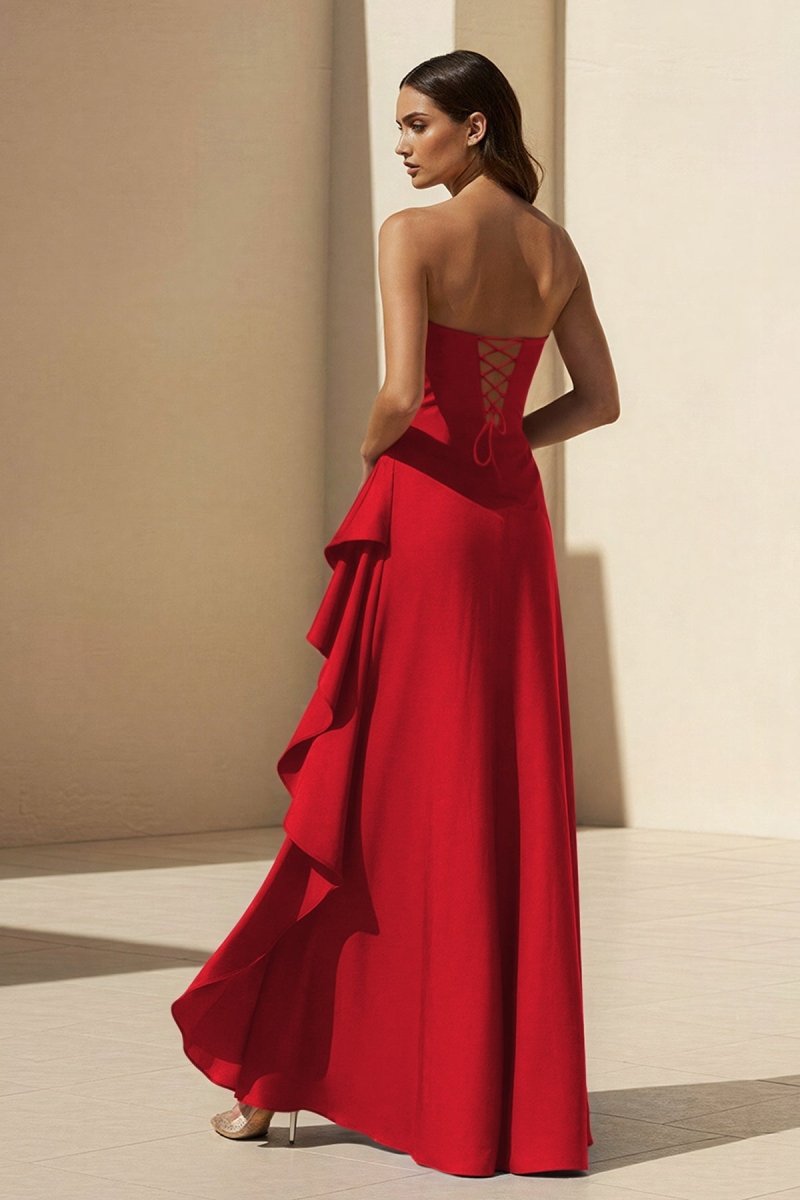 Magenta Strapless A Line High Low Wedding Guest Dress With Ruffles - Curvevia