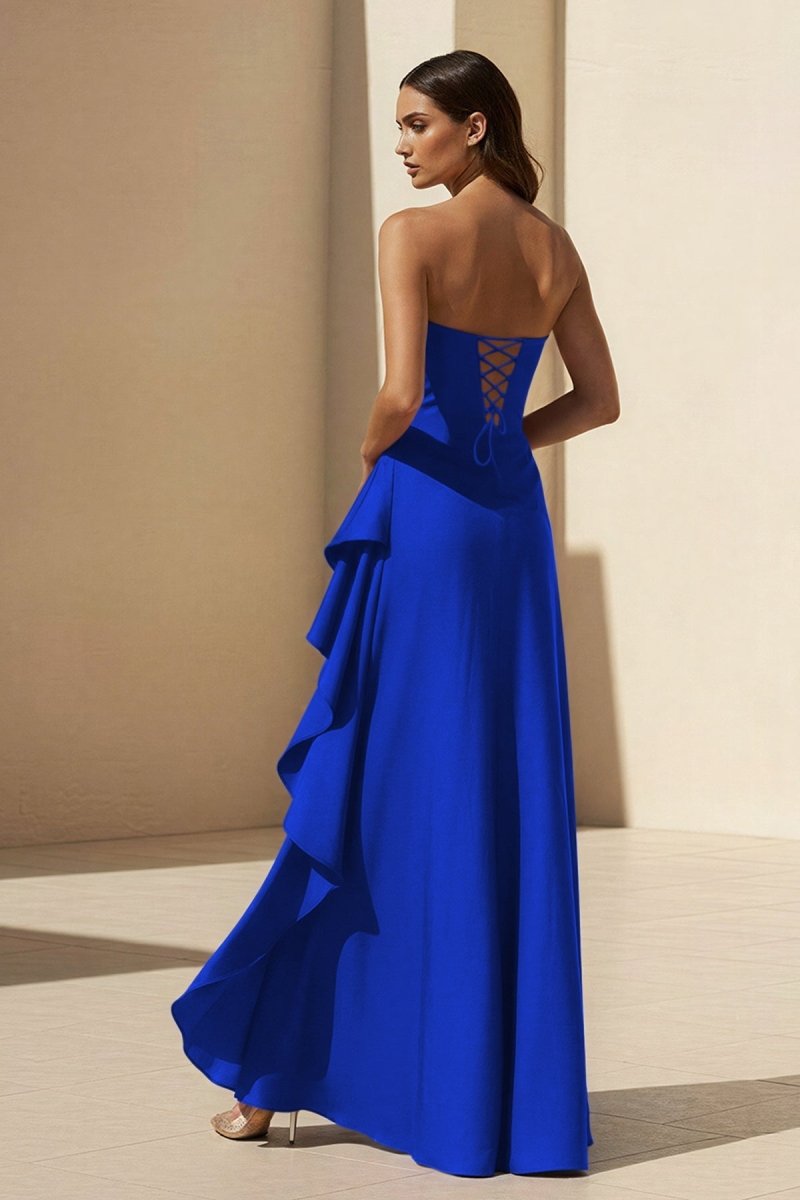Magenta Strapless A Line High Low Wedding Guest Dress With Ruffles - Curvevia