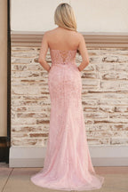 Mermaid Strapless Corset Lace Evening Dress with Slit - Curvevia