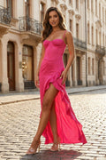 Hot Pink Sheath Spaghetti Straps Long Wedding Guest Dress With Split - Curvevia