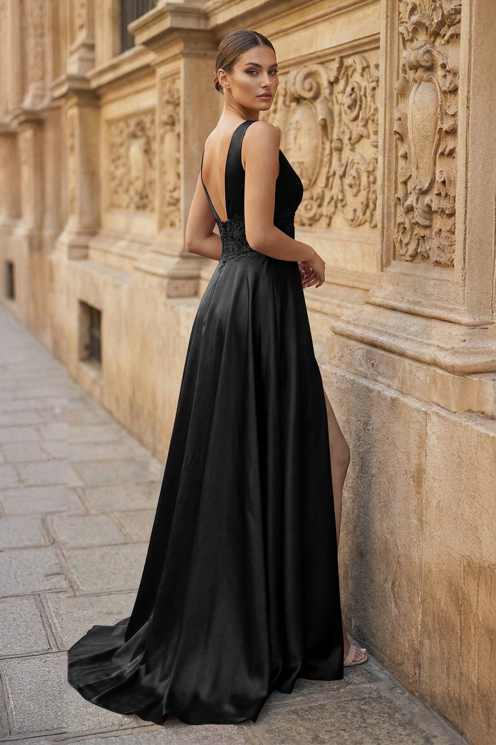 Burgundy V Neck Lace Long Wedding Guest Dress with High Slit - Curvevia