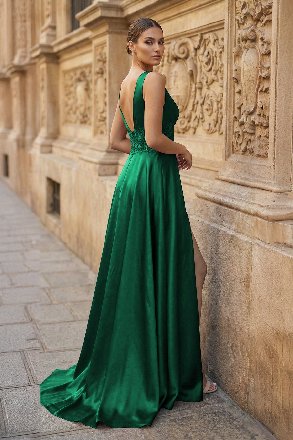 Burgundy V Neck Lace Long Wedding Guest Dress with High Slit - Curvevia