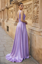 Burgundy V Neck Lace Long Wedding Guest Dress with High Slit - Curvevia
